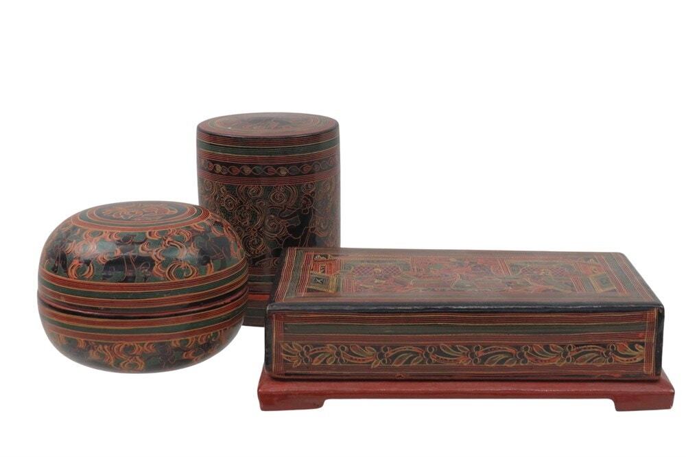 Burmese Lacquerware Set - Betel Box, Trinket Bowl & Story Box Stand Vintage